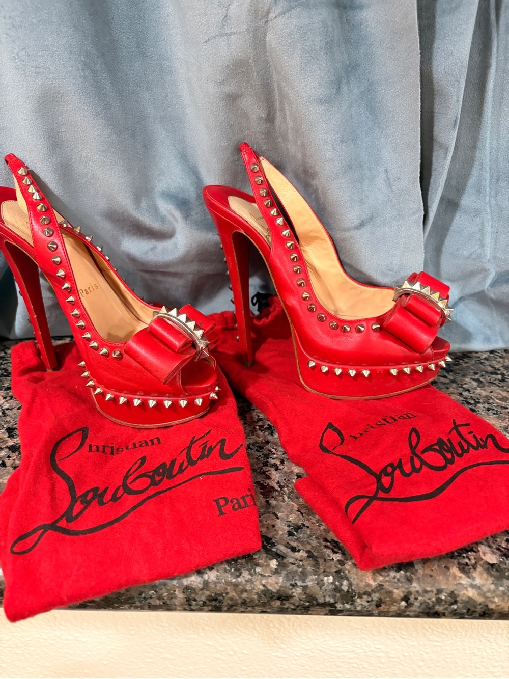 Christian Louboutin Red Studded Bow Peep-Toe Platform Pumps
